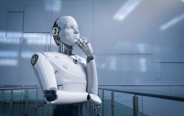 Robot de inteligencia artificial pensativo en una oficina